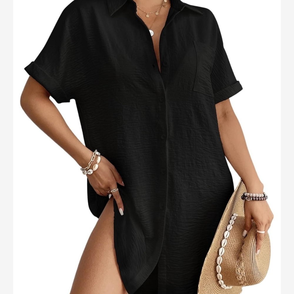 Chic And Trendy Black Button-Up Swim Cover-Up-‎ Size Medium